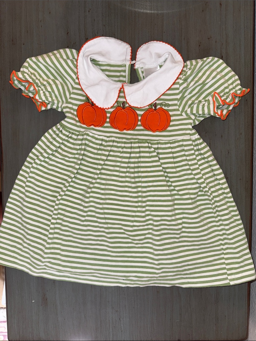 Green & White Striped Pumpkin Appliqué Kids Halloween Dress with White Collar
